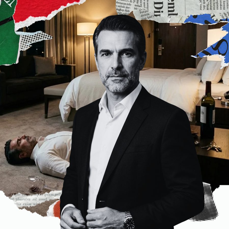 Investigador de terno em primeiro plano; ao fundo, um homem caído no chão de um quarto de hotel